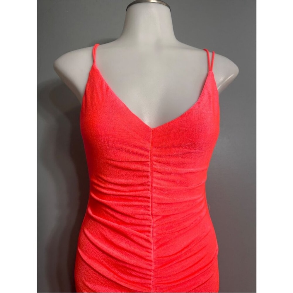 SER.O.YA Neon Coral Ruched Bodycon Midi Dress NWT S Spaghetti Strap - Picture 5 of 11